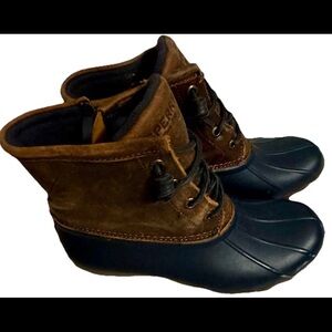 SPERRY Duck Boots’Saltwater’Blue/Brown Fleece Lined Leather Side Zip Womens 7